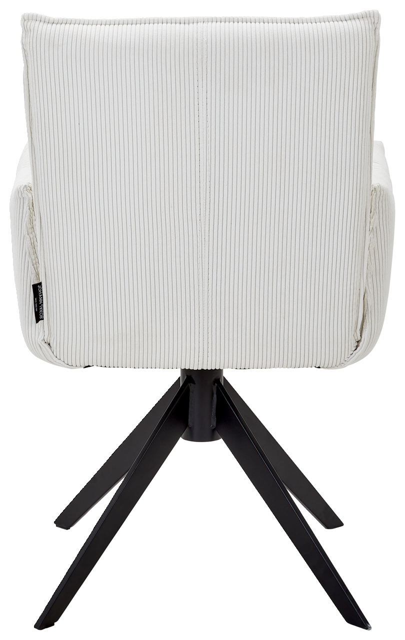 Johann Jakob Armlehnstuhl CALAS Rückansicht eines weißen Armlehnstuhls mit gestreiftem Stoffbezug und schwarzem Metallgestell.