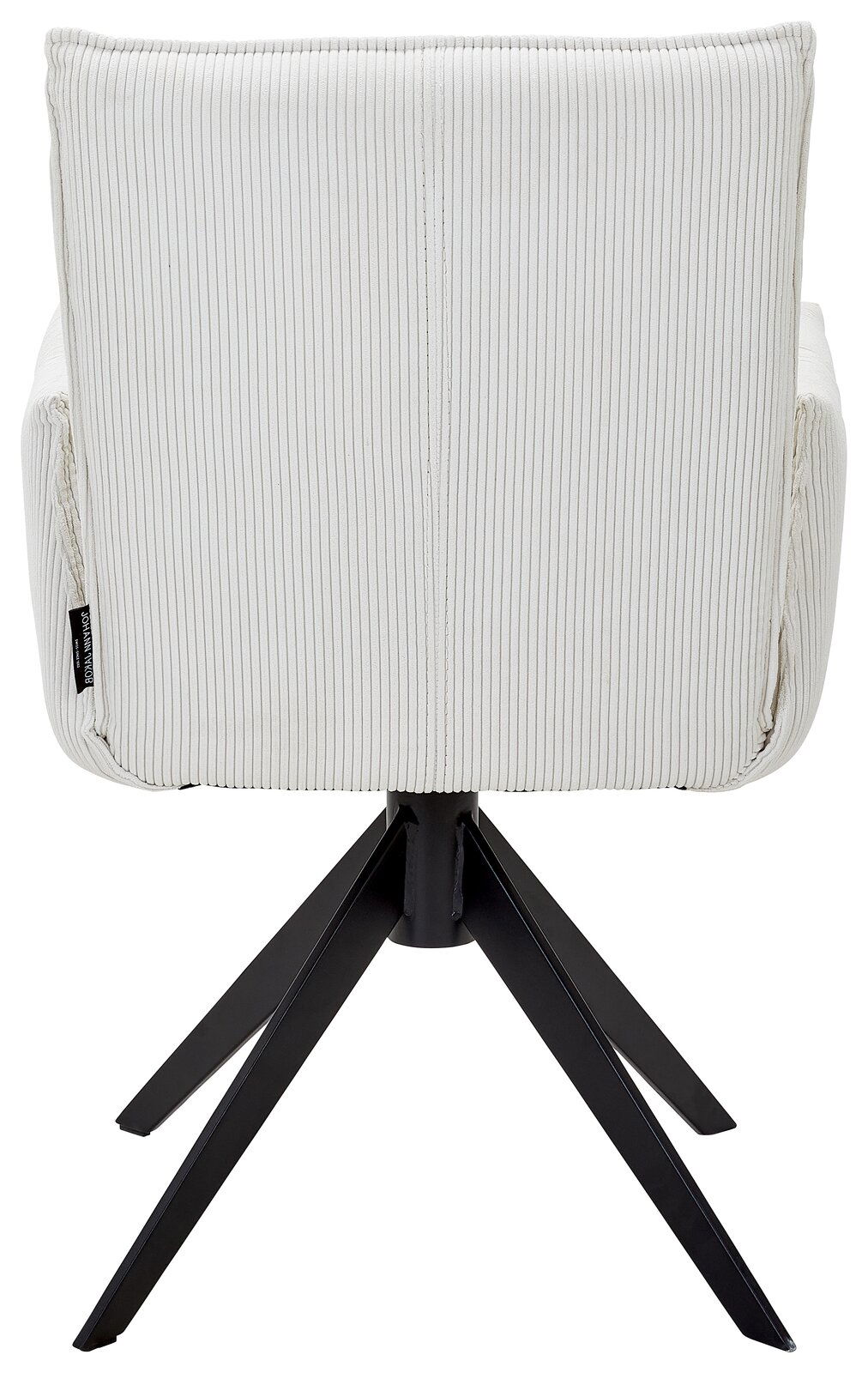 Rückansicht eines weißen Armlehnstuhls mit gestreiftem Stoffbezug und schwarzem Metallgestell.