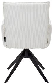 Rückansicht eines weißen Armlehnstuhls mit gestreiftem Stoffbezug und schwarzem Metallgestell.