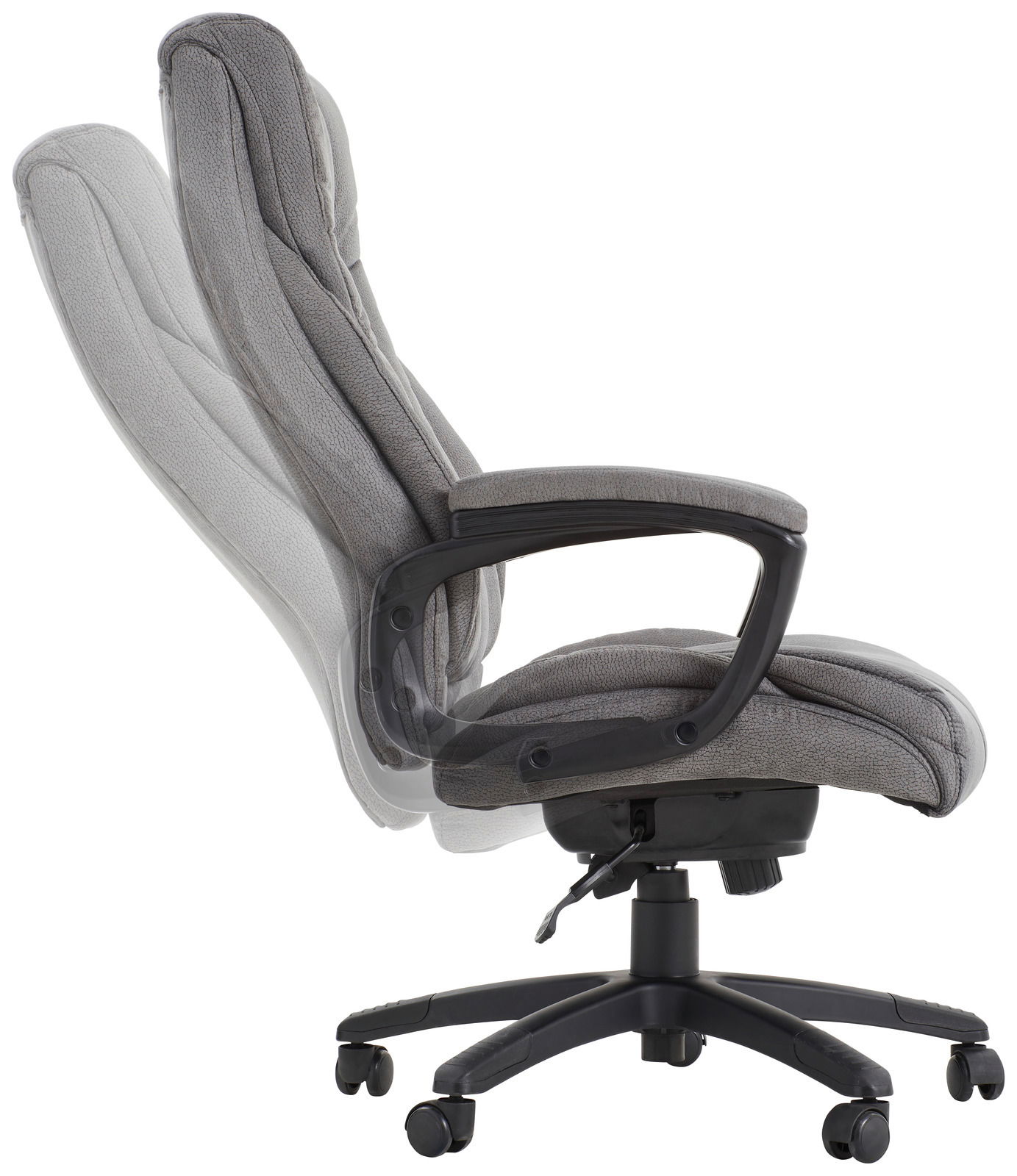 Grauer Chefsessel mit verstellbarer Rückenlehne, seitliche Perspektive