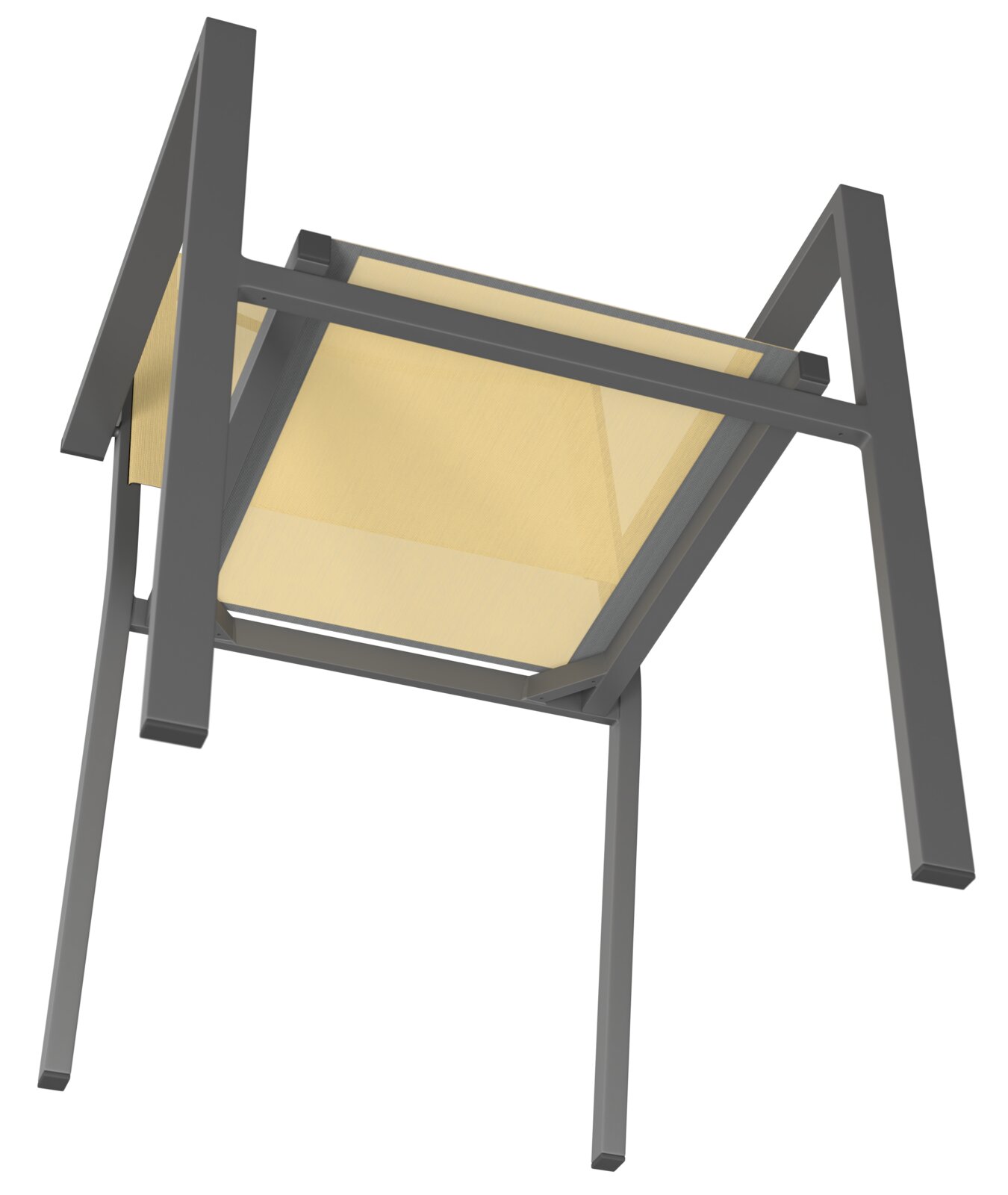 Onderkant van een stapelstoel met metalen frame en beige zitting