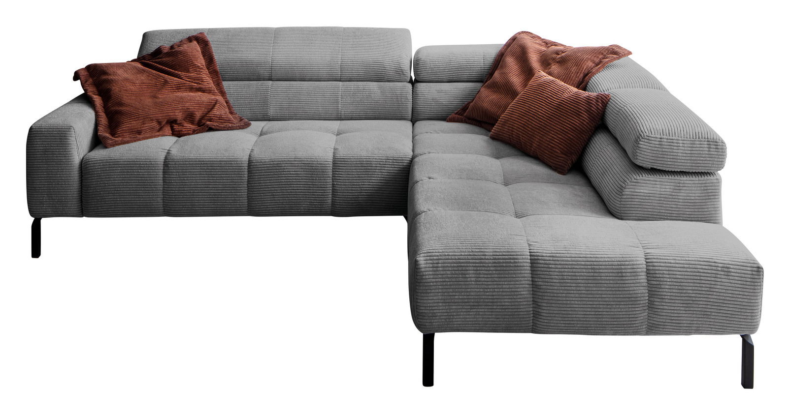 Lounge Handmade Ecksofa LH-CELSO Graues Ecksofa mit zwei braunen Kissen, Vorderansicht