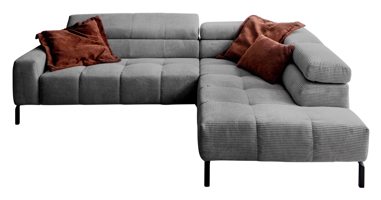 Graues Ecksofa mit zwei braunen Kissen, Vorderansicht