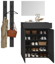 Garderoben-Set in Graphit mit Schuhschrank, Spiegel und Hakenleiste, frontal abgebildet.