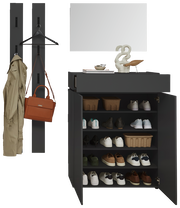 Garderoben-Set in Graphit mit Schuhschrank, Spiegel und Hakenleiste, frontal abgebildet.