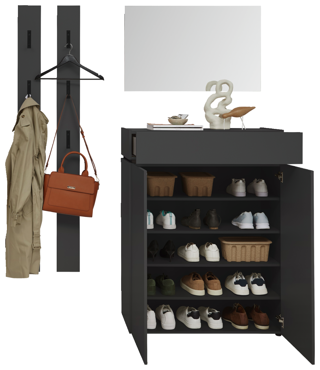 Garderoben-Set in Graphit mit Schuhschrank, Spiegel und Hakenleiste, frontal abgebildet.