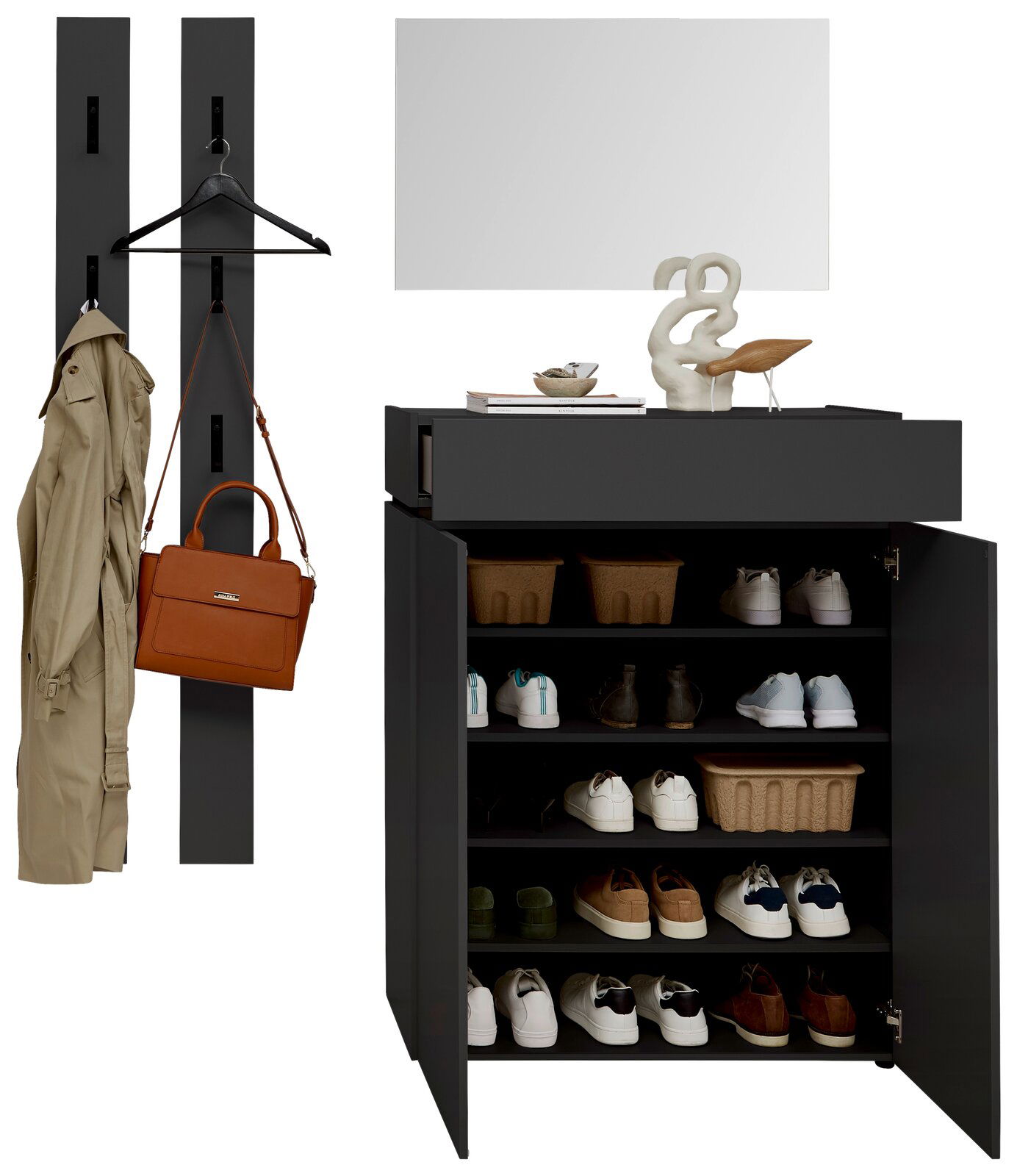 Garderoben-Set in Graphit mit Schuhschrank, Spiegel und Hakenleiste, frontal abgebildet.
