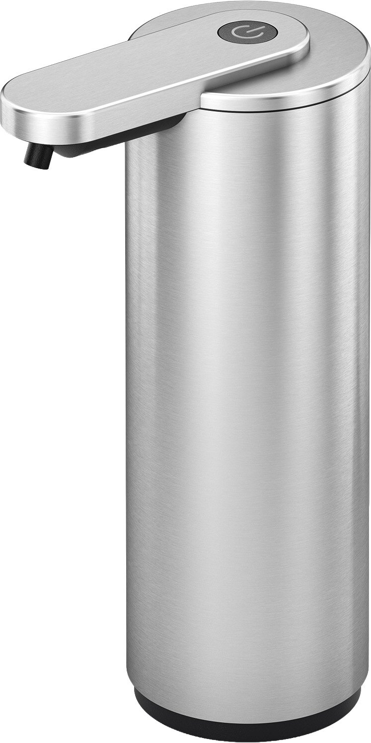 Edelstahl-Seifenspender mit gebürsteter Oberfläche und Auslaufhebel mit Power-Symbol, schräg von vorne oben fotografiert