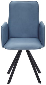 Moderner blauer Sessel mit Armlehnen und schwarzen Metallbeinen, Frontalansicht