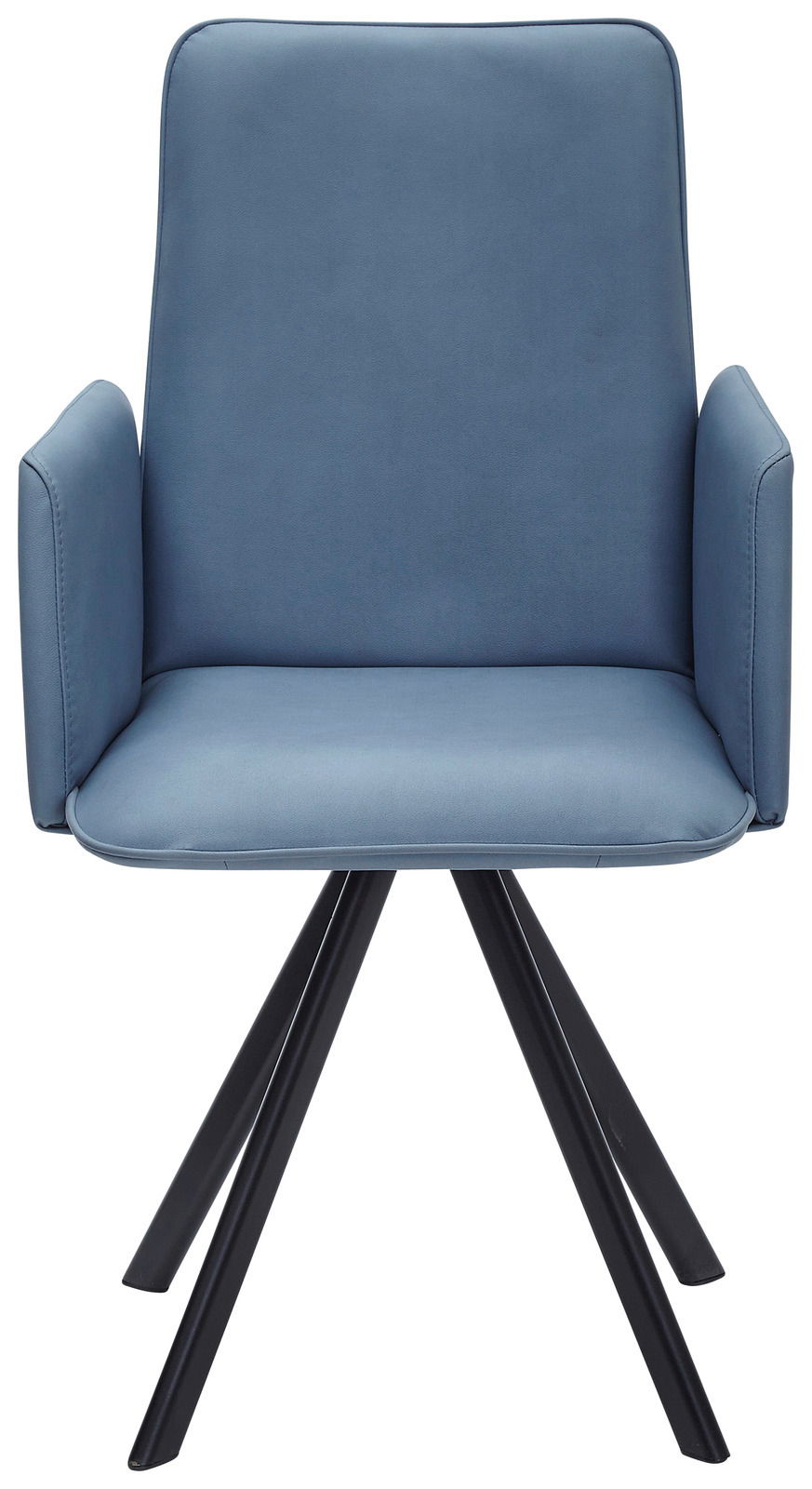 Moderner blauer Sessel mit Armlehnen und schwarzen Metallbeinen, Frontalansicht