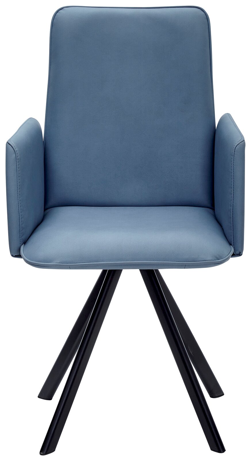 Moderner blauer Sessel mit Armlehnen und schwarzen Metallbeinen, Frontalansicht