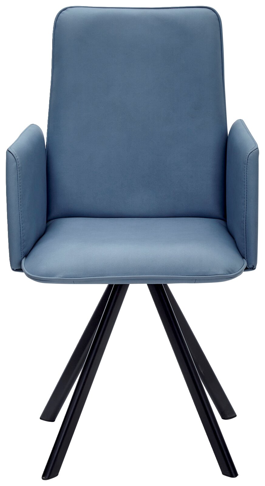Moderne blauwe fauteuil met armleuningen en zwarte metalen poten, vooraanzicht