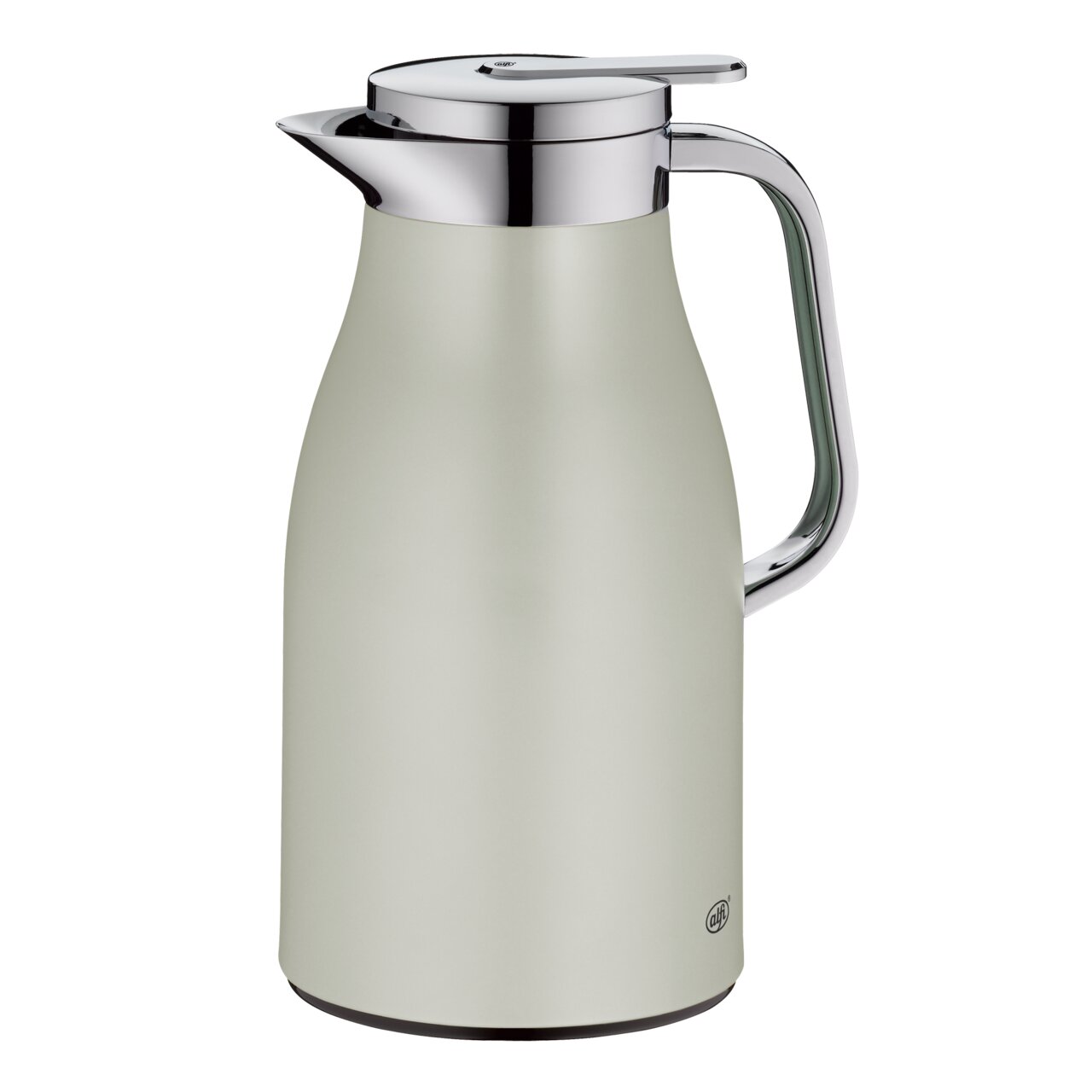 Alfi Isolierkanne 1,0l SKYLINE Silberne Thermoskanne mit glänzendem Deckel und Griff, seitliche Perspektive