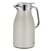 Silberne Thermoskanne mit glänzendem Deckel und Griff, seitliche Perspektive