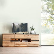 TV-Element aus Holz mit modernem Design, frontal betrachtet, mit einem Fernseher und einer Pflanze darauf.