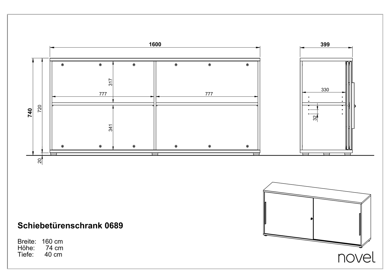 Technische Zeichnung eines Schiebetürenschranks mit den Maßen 160 cm Breite, 74 cm Höhe und 40 cm Tiefe. Die Zeichnung zeigt eine Front- und Seitenansicht sowie eine perspektivische Darstellung des Schranks.