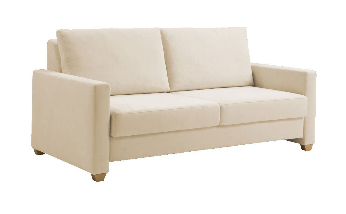 Beiges Schlafsofa mit zwei Rückenkissen, seitlicher Blickwinkel
