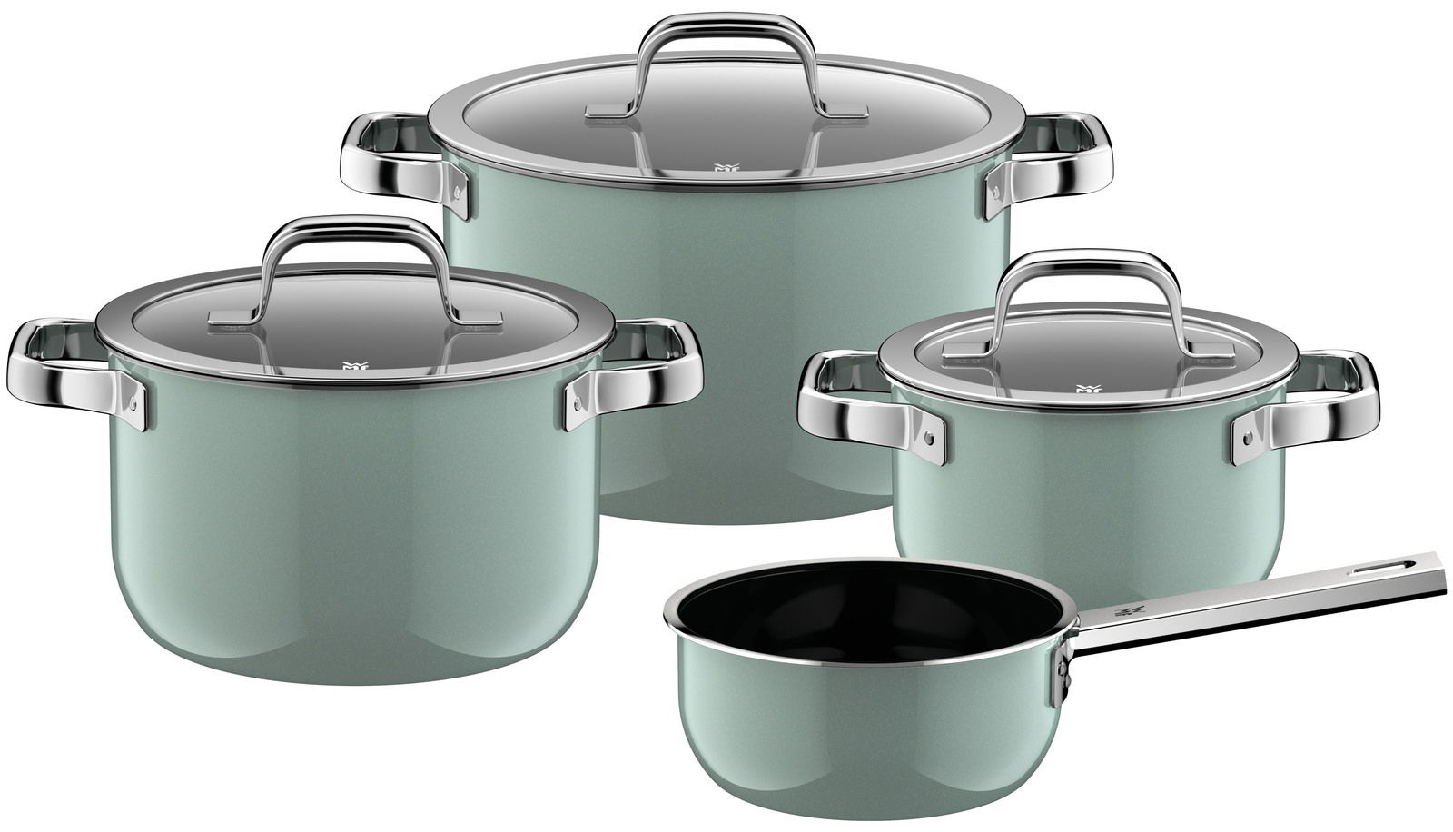 WMF Topfset 4-tlg. Eucalyptus Haze FUSIONTEC MINERAL PRO Vierteiliges Topfset in Eucalyptus Haze Farbe, bestehend aus drei Töpfen mit Deckeln und einem Stieltopf, aus seitlicher Perspektive fotografiert.