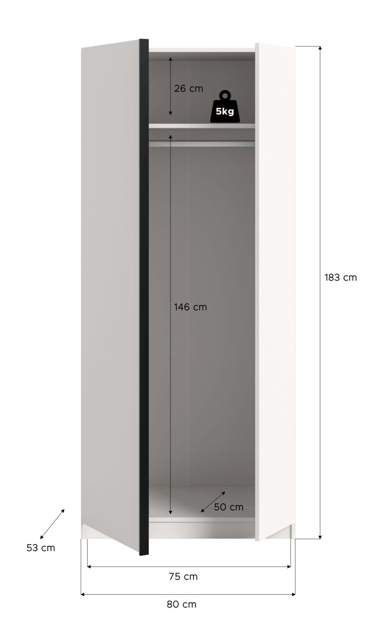 Offener weißer Kleiderschrank mit zwei Türen, Innenraum mit Ablage und Kleiderstange, Maßangaben (Höhe 183 cm, Breite 80 cm, Tiefe 53 cm, Innenbreite 75 cm, Innenhöhe 146 cm, Ablagehöhe 26 cm, Innentiefe 50 cm) und Belastbarkeit 5 kg; Perspektive: frontal