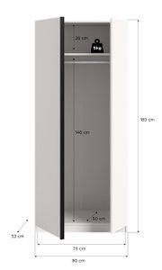 Offener weißer Kleiderschrank mit zwei Türen, Innenraum mit Ablage und Kleiderstange, Maßangaben (Höhe 183 cm, Breite 80 cm, Tiefe 53 cm, Innenbreite 75 cm, Innenhöhe 146 cm, Ablagehöhe 26 cm, Innentiefe 50 cm) und Belastbarkeit 5 kg; Perspektive: frontal