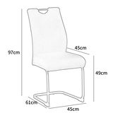 Seitenansicht eines modernen Schwingstuhls mit gepolsterter Sitzfläche und Rückenlehne, Maße: 97cm hoch, 45cm breit, 61cm tief.