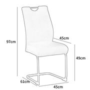 Seitenansicht eines modernen Schwingstuhls mit gepolsterter Sitzfläche und Rückenlehne, Maße: 97cm hoch, 45cm breit, 61cm tief.