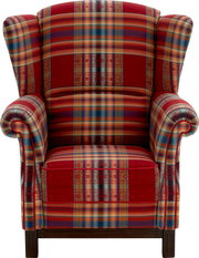 Karierter Ohrensessel in Rot mit buntem Streifenmuster und gepolsterten Armlehnen, Frontalansicht