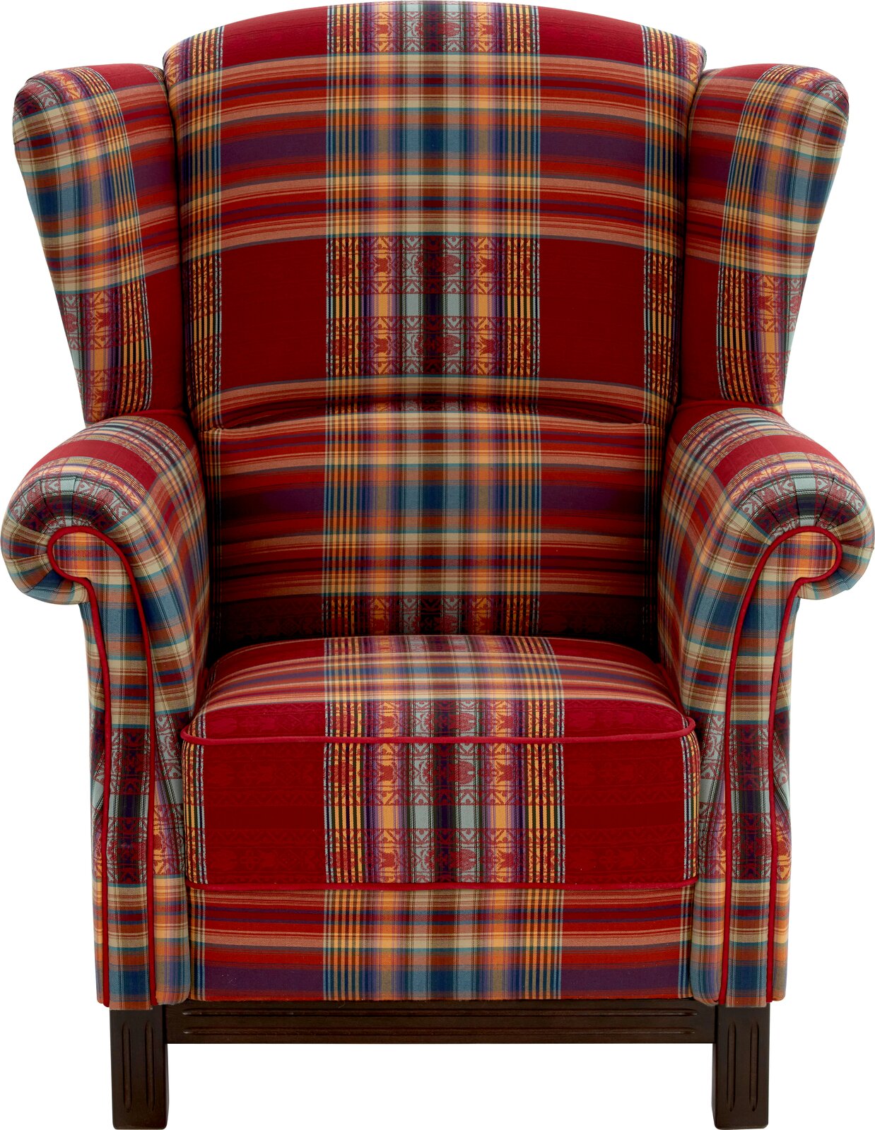 Karierter Ohrensessel in Rot mit buntem Streifenmuster und gepolsterten Armlehnen, Frontalansicht