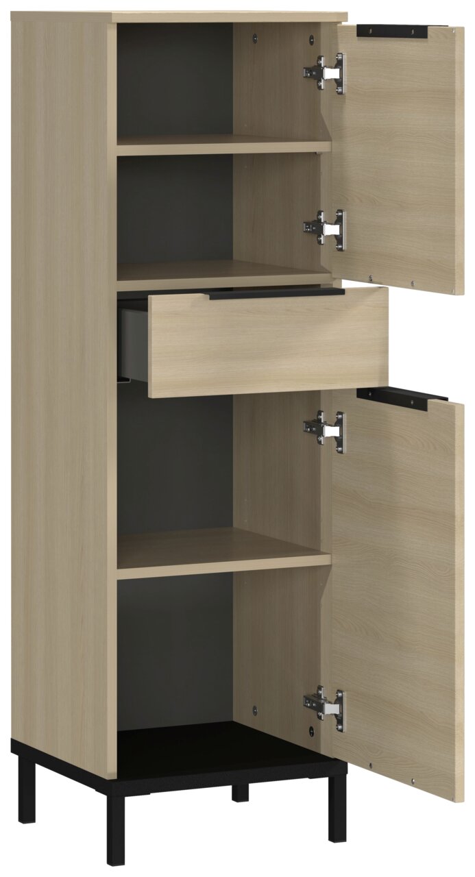 Mediumschrank aus Holz mit zwei offenen Türen und einer Schublade, seitliche Perspektive