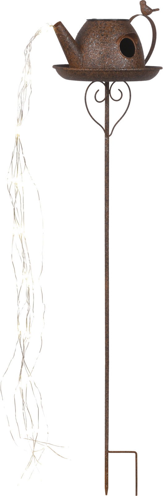 Rostfarbene Solarleuchte in Form einer Gießkanne mit LED-Lichterkette, seitliche Perspektive