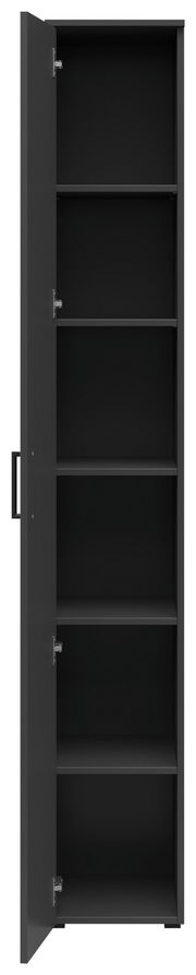 Schwarzer Mehrzweckschrank mit geöffneter Tür, fünf Regalböden sichtbar, Frontalansicht