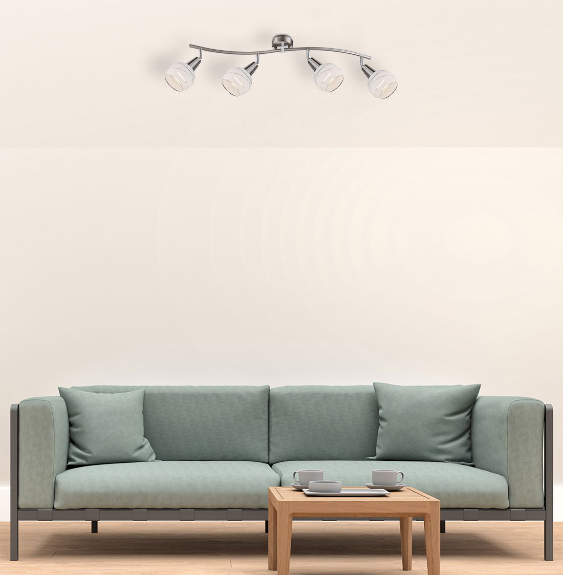 Deckenstrahler mit vier verstellbaren Leuchten, montiert über einem modernen Sofa, seitliche Perspektive