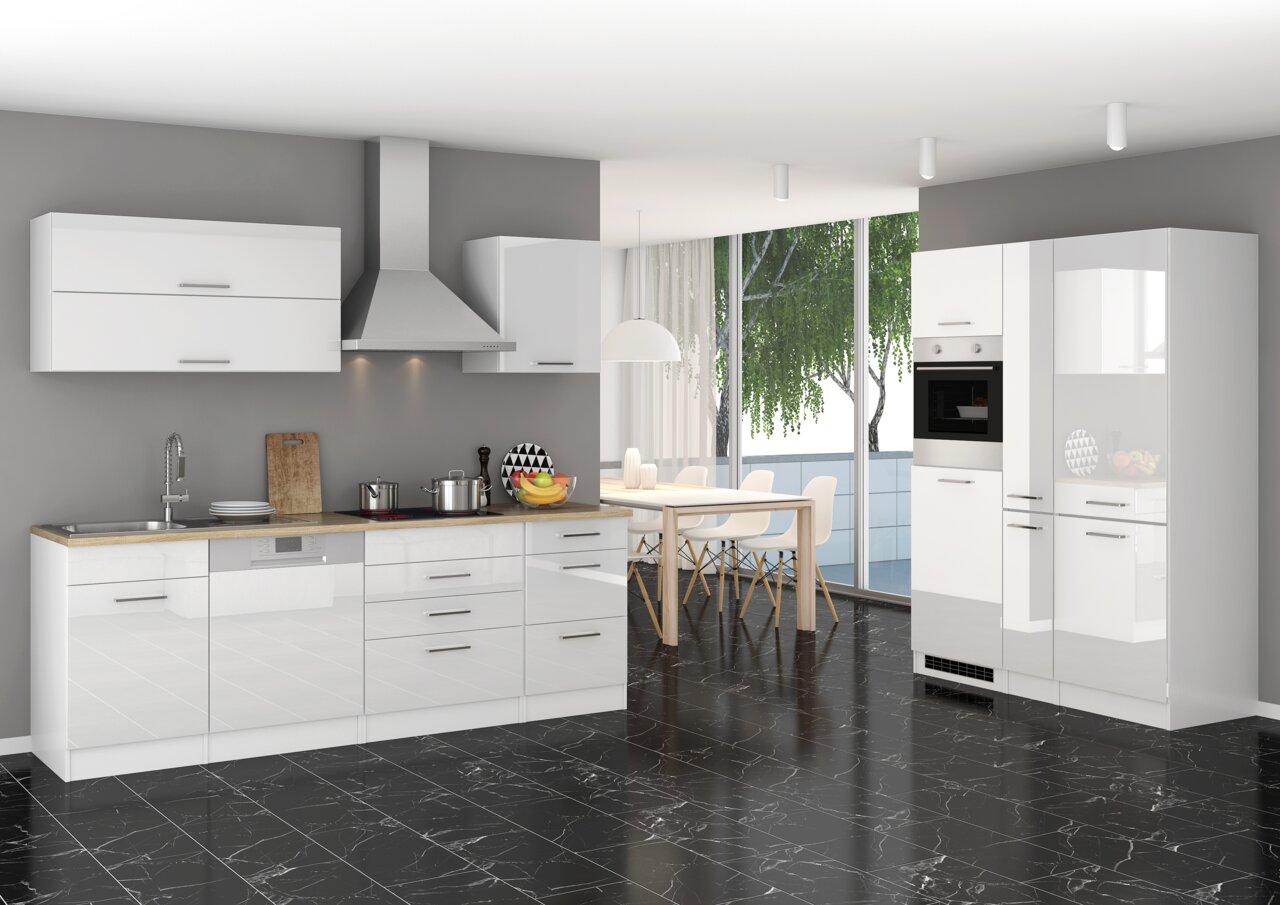 Held Möbel Küchenzeile MAILAND Moderne Küchenzeile in Weiß mit glänzenden Fronten, eingebautem Herd und Dunstabzugshaube, seitliche Perspektive