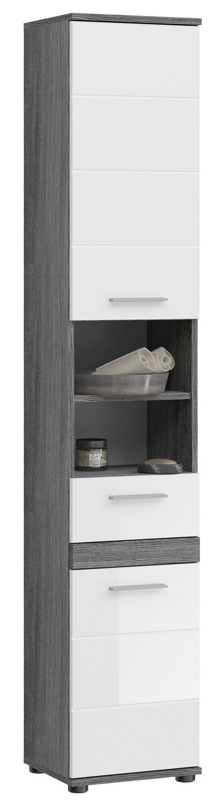 Moderner Hochschrank mit grauer Holzoptik und weißen Fronten, seitliche Perspektive.