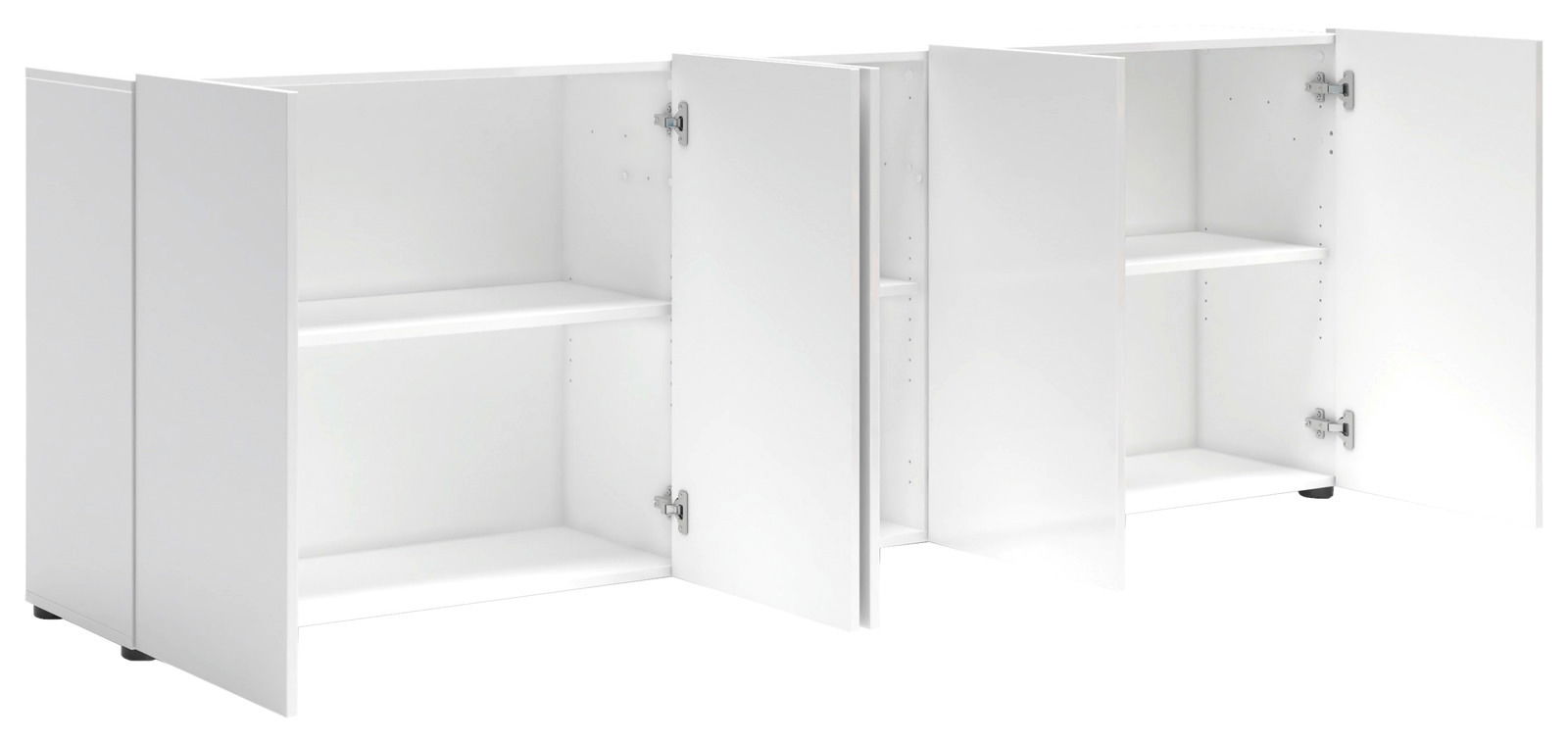 Weißes XL-Sideboard mit offenen Türen, seitliche Perspektive