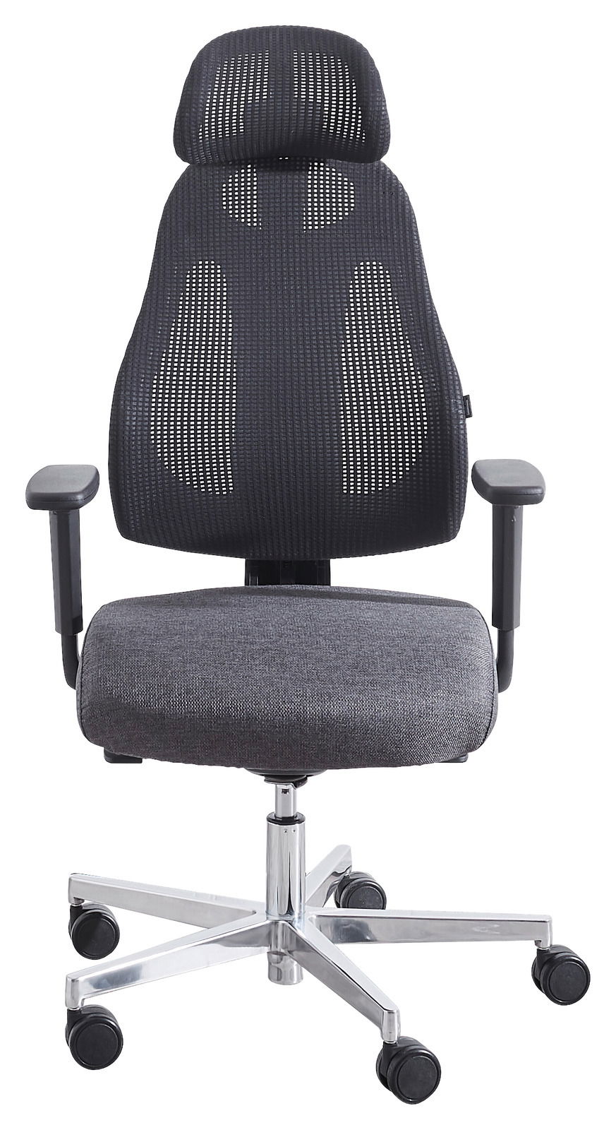 Ergonomischer Drehstuhl mit Netzrückenlehne und Kopfstütze, grauer Sitzpolsterung, Armlehnen und verchromtem Fußkreuz, Vorderansicht.