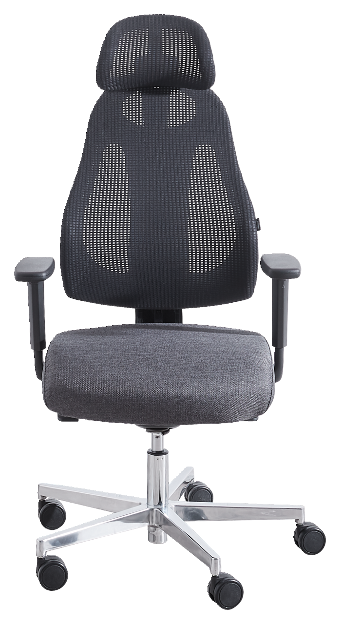 Ergonomischer Drehstuhl mit Netzrückenlehne und Kopfstütze, grauer Sitzpolsterung, Armlehnen und verchromtem Fußkreuz, Vorderansicht.
