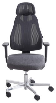 Ergonomischer Drehstuhl mit Netzrückenlehne und Kopfstütze, grauer Sitzpolsterung, Armlehnen und verchromtem Fußkreuz, Vorderansicht.