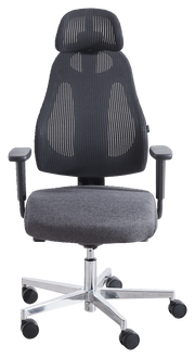 Ergonomischer Drehstuhl mit Netzrückenlehne und Kopfstütze, grauer Sitzpolsterung, Armlehnen und verchromtem Fußkreuz, Vorderansicht.