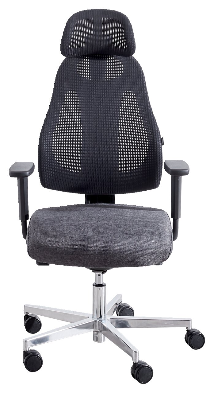 Ergonomischer Drehstuhl mit Netzrückenlehne und Kopfstütze, grauer Sitzpolsterung, Armlehnen und verchromtem Fußkreuz, Vorderansicht.