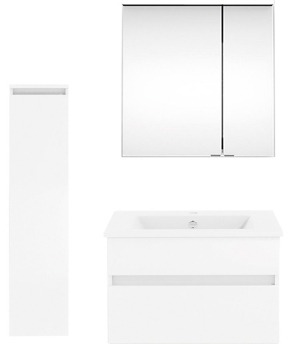 Puris Badkombination GET2YOU 21 Moderne Badkombination aus der Serie NEXT4YOU von Puris, bestehend aus einem Spiegelschrank, einem Waschtisch und einem Hochschrank, frontal abgebildet.