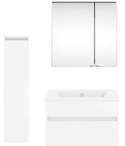 Moderne Badkombination aus der Serie NEXT4YOU von Puris, bestehend aus einem Spiegelschrank, einem Waschtisch und einem Hochschrank, frontal abgebildet.