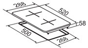 Isometrische technische Zeichnung eines rechteckigen Kochfelds/Einbaukochfelds mit vier Kochzonen-Kreuzen und Maßangaben (ca. 520×288 mm, Ausschnitt 500×268 mm, Höhe 58 mm) in Schrägansicht von oben.