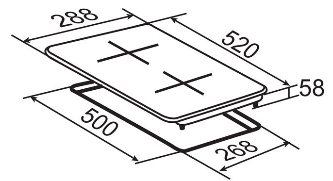 Isometrische technische Zeichnung eines rechteckigen Kochfelds/Einbaukochfelds mit vier Kochzonen-Kreuzen und Maßangaben (ca. 520×288 mm, Ausschnitt 500×268 mm, Höhe 58 mm) in Schrägansicht von oben.