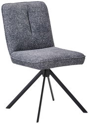 Moderner Stuhl mit gepolsterter Sitzfläche und Rückenlehne in Blau, auf schwarzem Metallgestell, seitliche Perspektive