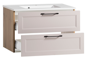 Waschtisch-Set mit zwei offenen Schubladen, Holzseiten und weißer Oberfläche, seitliche Perspektive