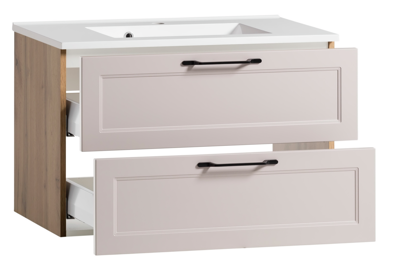 Waschtisch-Set mit zwei offenen Schubladen, Holzseiten und weißer Oberfläche, seitliche Perspektive