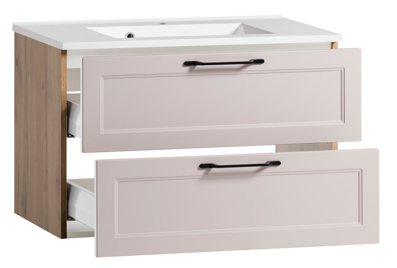 Waschtisch-Set mit zwei offenen Schubladen, Holzseiten und weißer Oberfläche, seitliche Perspektive