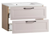 Waschtisch-Set mit zwei offenen Schubladen, Holzseiten und weißer Oberfläche, seitliche Perspektive