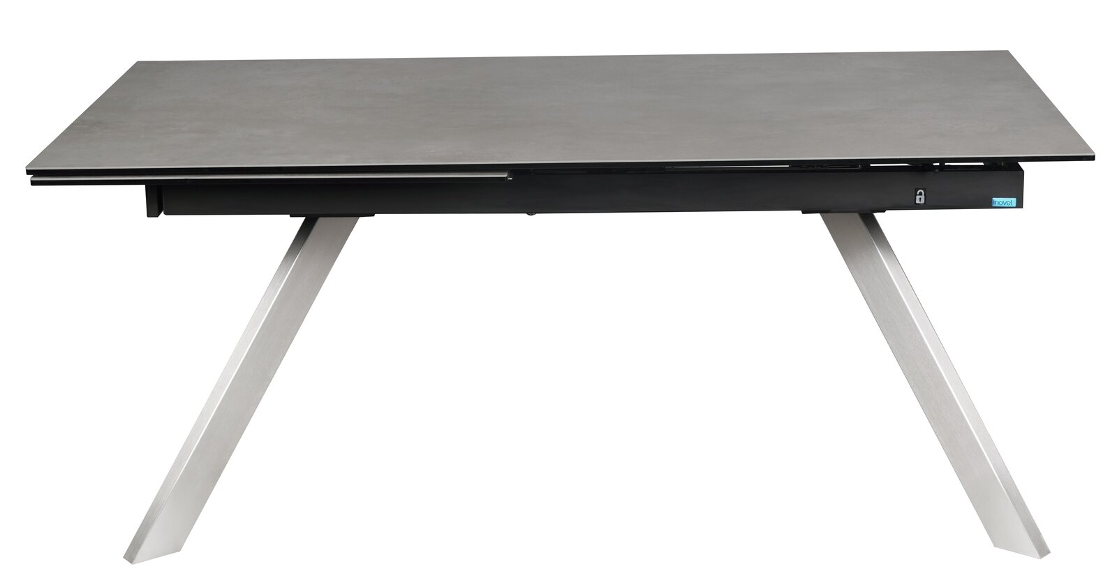 Moderner Esstisch mit rechteckiger, dunkler Tischplatte und schrägen Metallbeinen, seitliche Perspektive